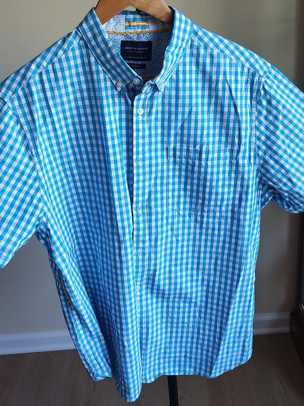 Denim & Flower Slim Fit Blue & White Gingham Short Sleeve Shirt - XL